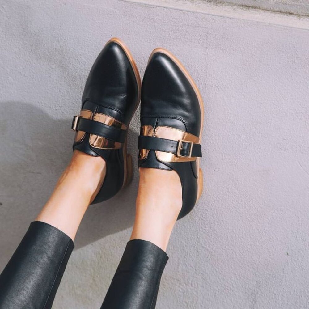 Bared Footwear Black Flats with Gold Accent Buckles